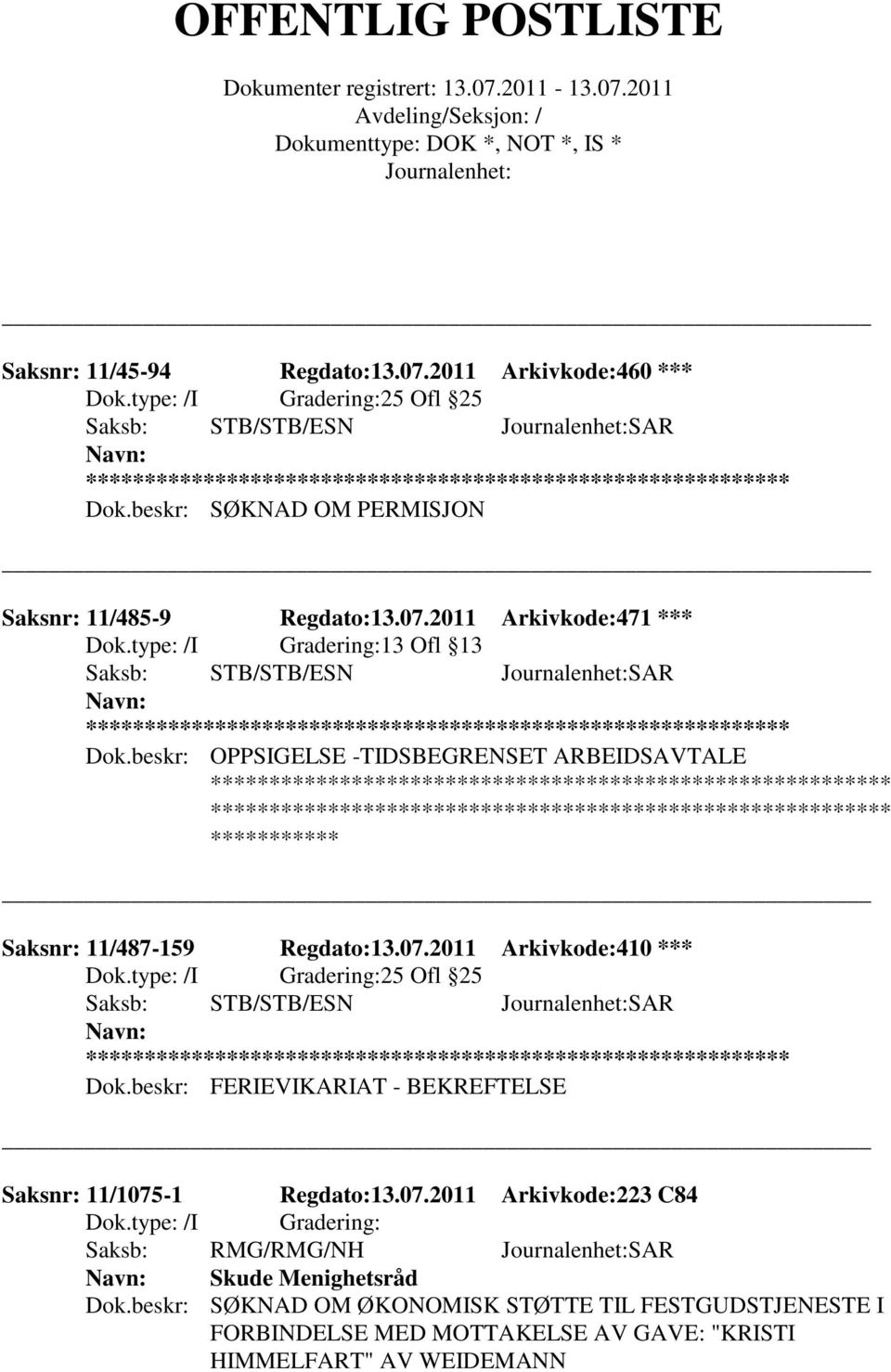 beskr: FERIEVIKARIAT - BEKREFTELSE Saksnr: 11/1075-1 Regdato:13.07.2011 Arkivkode:223 C84 Saksb: RMG/RMG/NH SAR Skude Menighetsråd Dok.