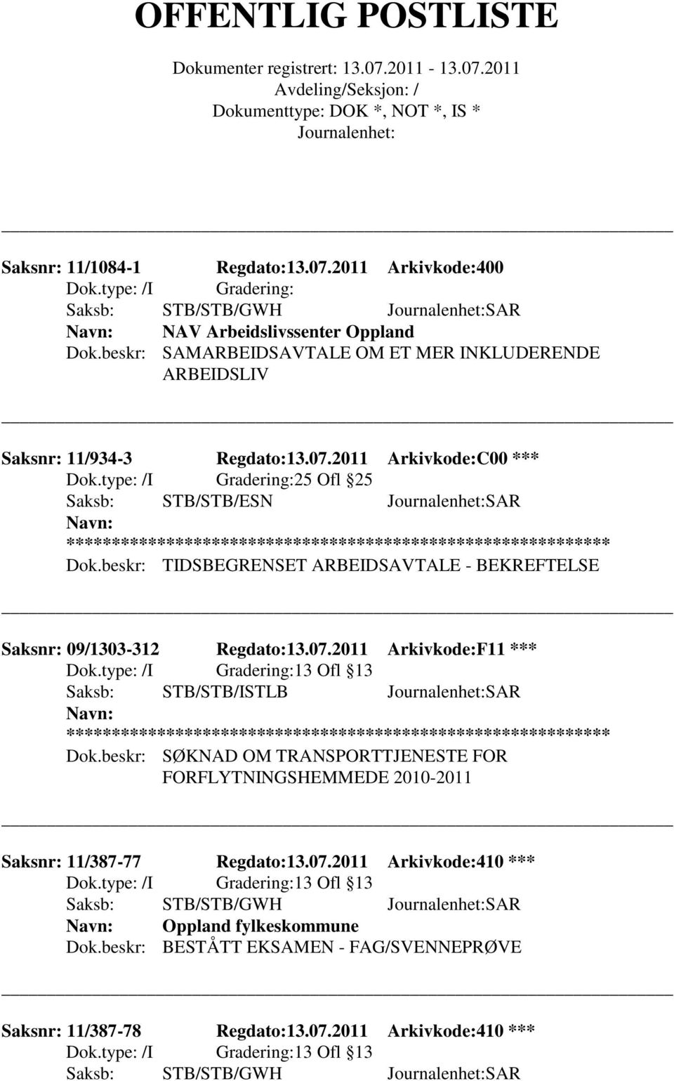 beskr: TIDSBEGRENSET ARBEIDSAVTALE - BEKREFTELSE Saksnr: 09/1303-312 Regdato:13.07.2011 Arkivkode:F11 *** 13 Ofl 13 Saksb: STB/STB/ISTLB SAR Dok.