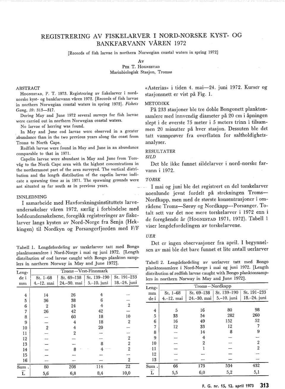 [Records of fish arvae in northern Norwegian coasta waters in spring 97]. Fiskets Gang, 59: 7.