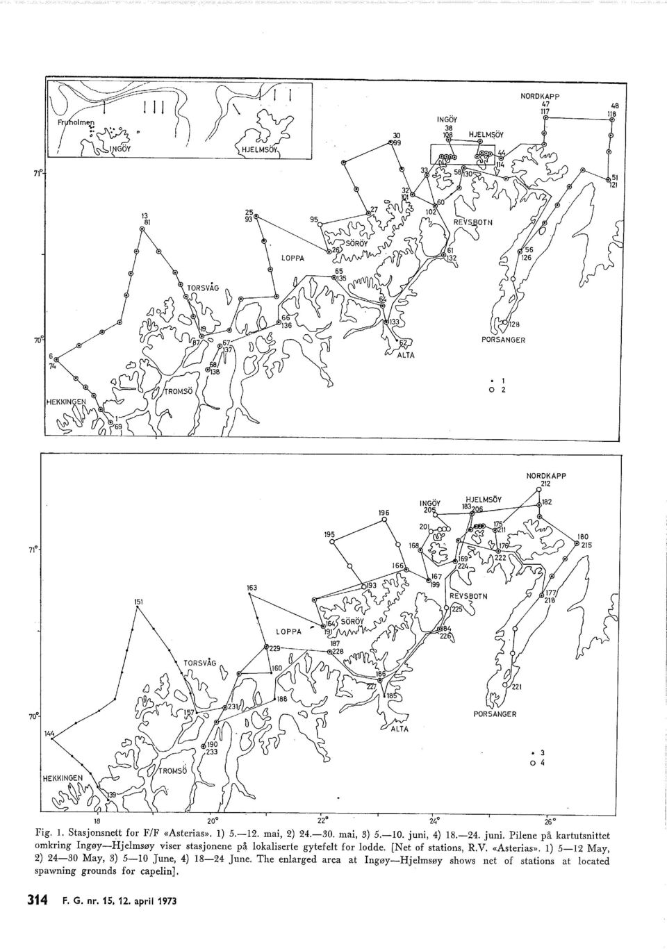 [Net of stations, R.V. «Asterias». ) 5 May, ) 0 May, ) 50 June, ) 8 June.