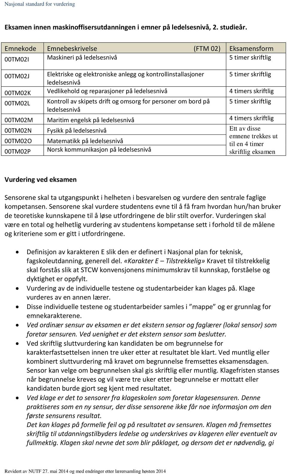 00TM02K Vedlikehold og reparasjoner på ledelsesnivå 4 timers skriftlig 00TM02L Kontroll av skipets drift og omsorg for personer om bord på 5 timer skriftlig ledelsesnivå 00TM02M Maritim engelsk på