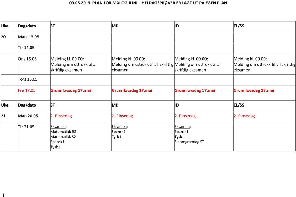 00: Melding kl. 09.00: Melding om uttrekk til all skriftlig Melding om uttrekk til all eksamen skriftlig eksamen Melding kl. 09.00: Melding om uttrekk til all skriftlig eksamen Fre 17.