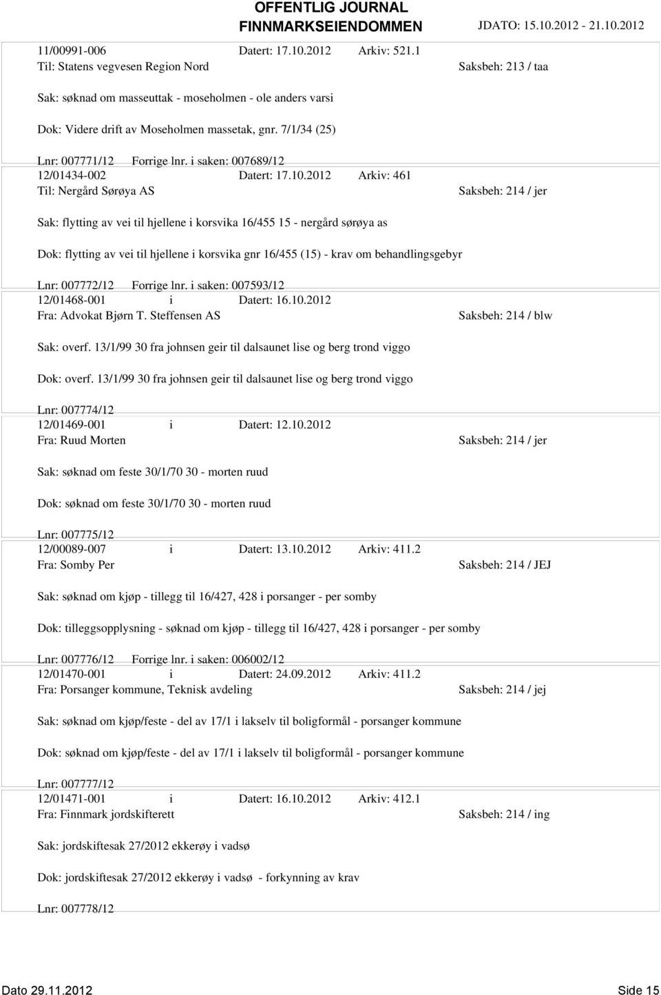 2012 Arkiv: 461 Til: Nergård Sørøya AS Sak: flytting av vei til hjellene i korsvika 16/455 15 - nergård sørøya as Dok: flytting av vei til hjellene i korsvika gnr 16/455 (15) - krav om