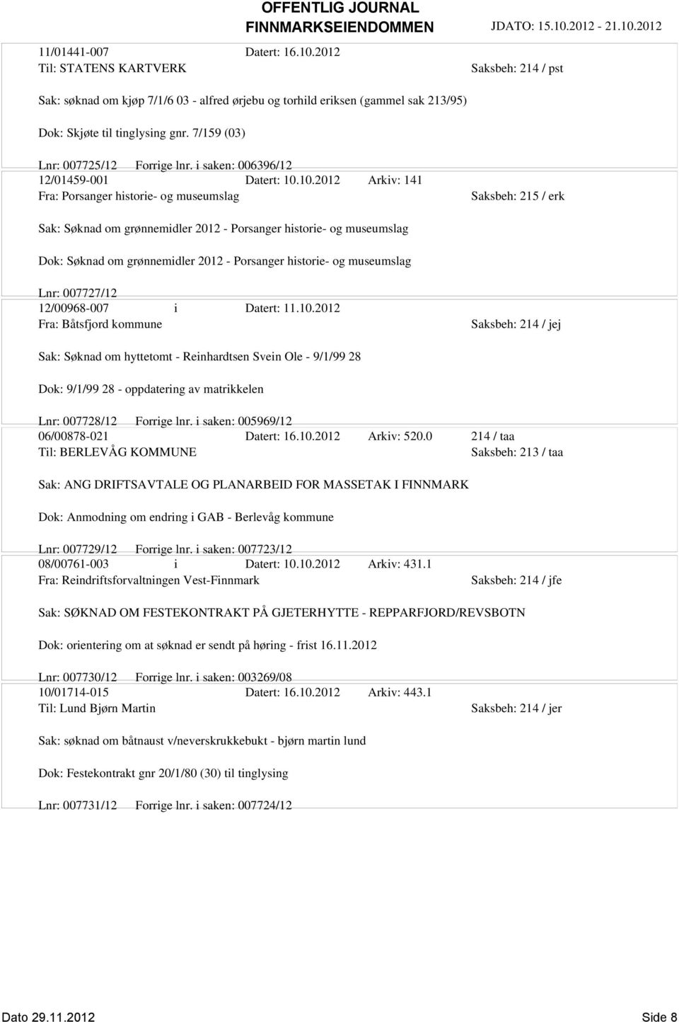 10.2012 Arkiv: 141 Fra: Porsanger historie- og museumslag Saksbeh: 215 / erk Sak: Søknad om grønnemidler 2012 - Porsanger historie- og museumslag Dok: Søknad om grønnemidler 2012 - Porsanger