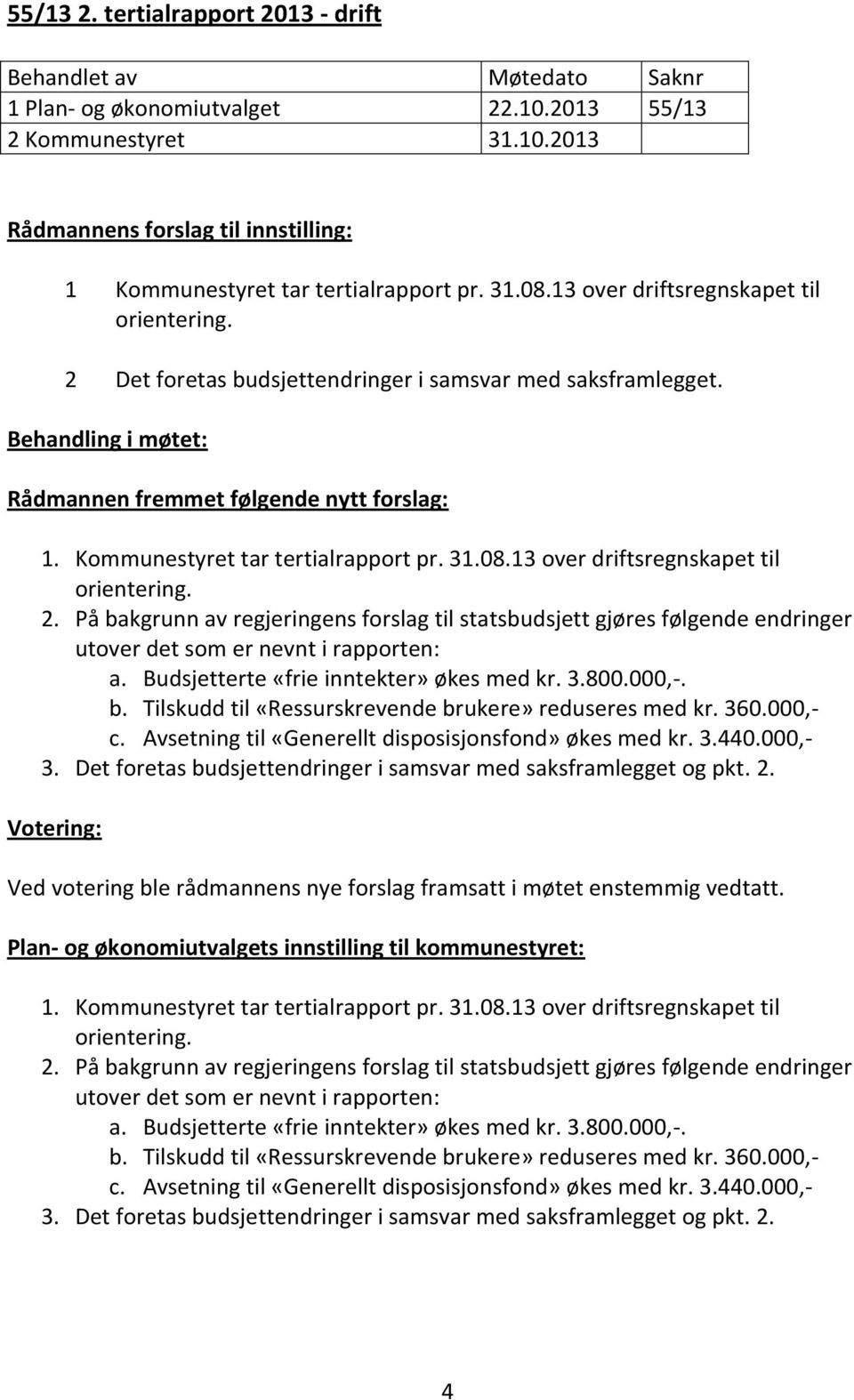 Kommunestyret tar tertialrapport pr. 31.08.13 over driftsregnskapet til orientering. 2.