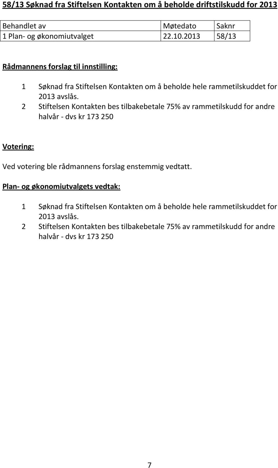 2 Stiftelsen Kontakten bes tilbakebetale 75% av rammetilskudd for andre halvår - dvs kr 173 250 Plan- og økonomiutvalgets vedtak: 1