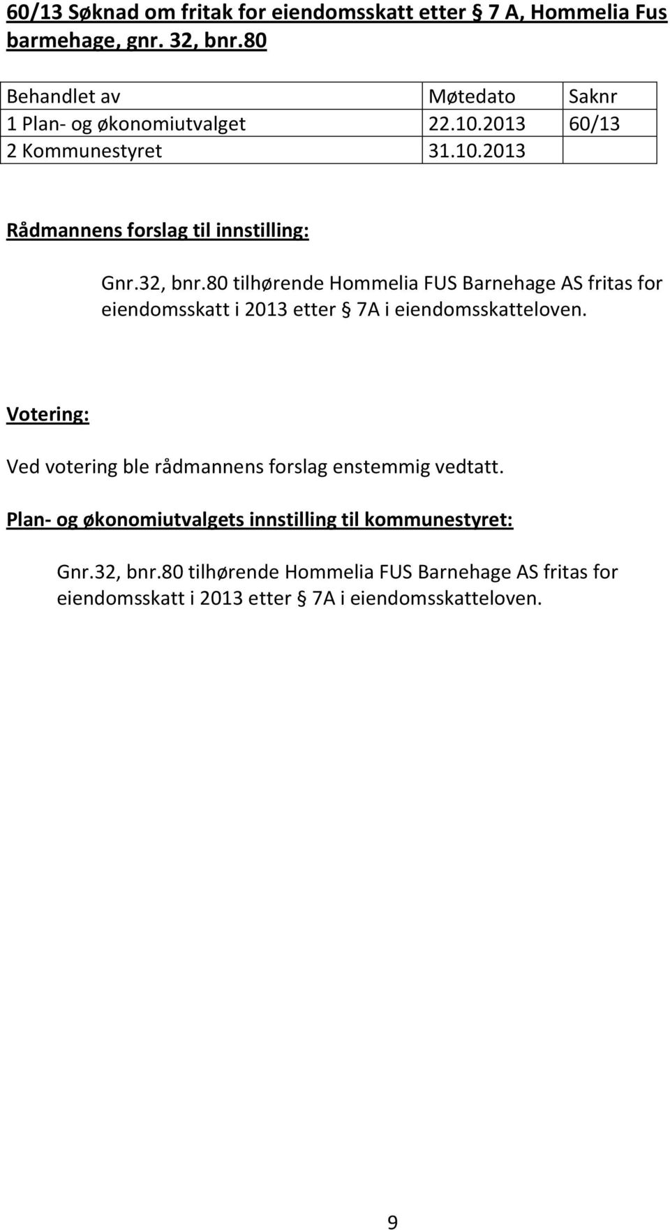 80 tilhørende Hommelia FUS Barnehage AS fritas for eiendomsskatt i 2013 etter 7A i eiendomsskatteloven.