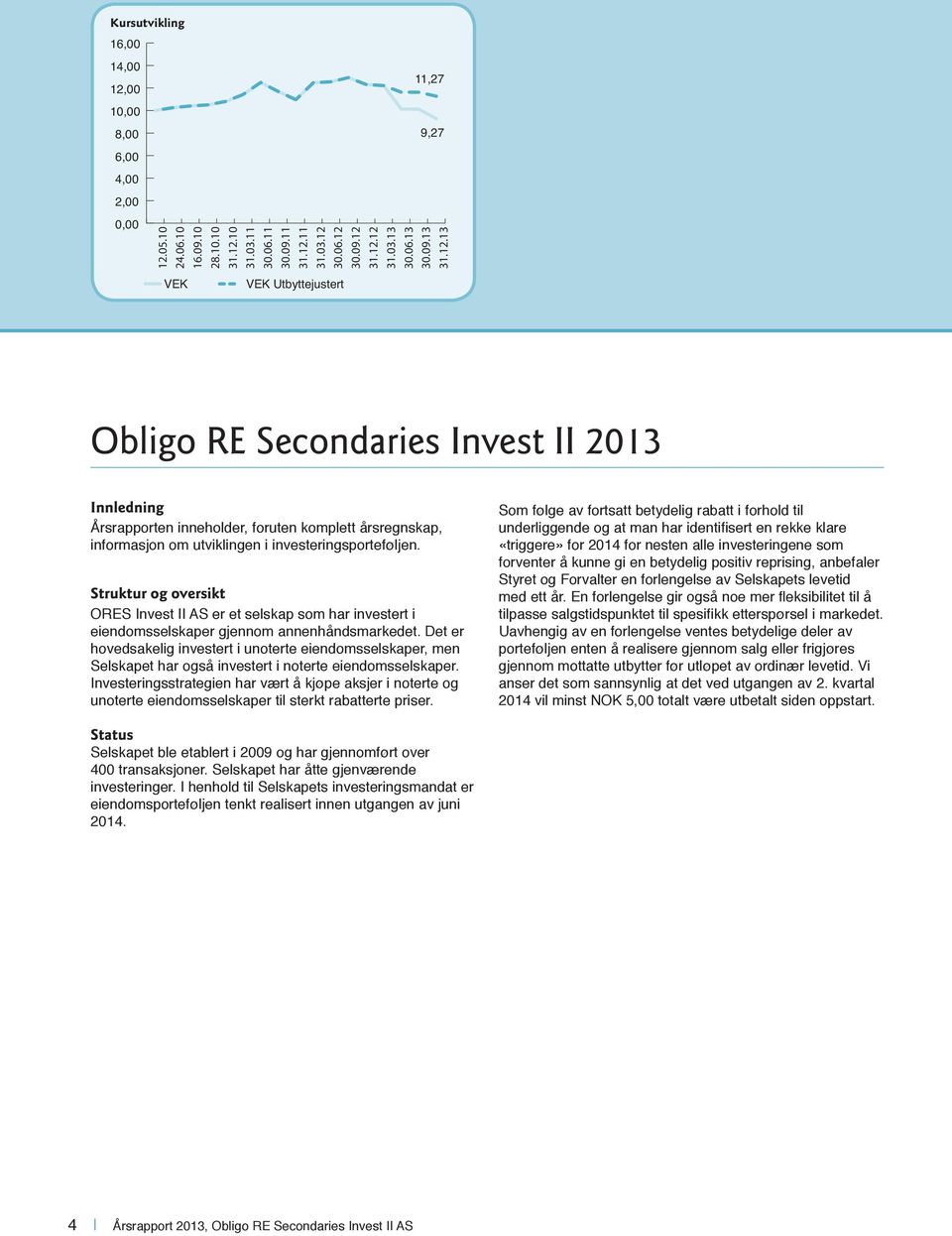 13 VEK VEK Utbyttejustert Obligo RE Secondaries Invest II 2013 Innledning Årsrapporten inneholder, foruten komplett årsregnskap, informasjon om utviklingen i investeringsporteføljen.