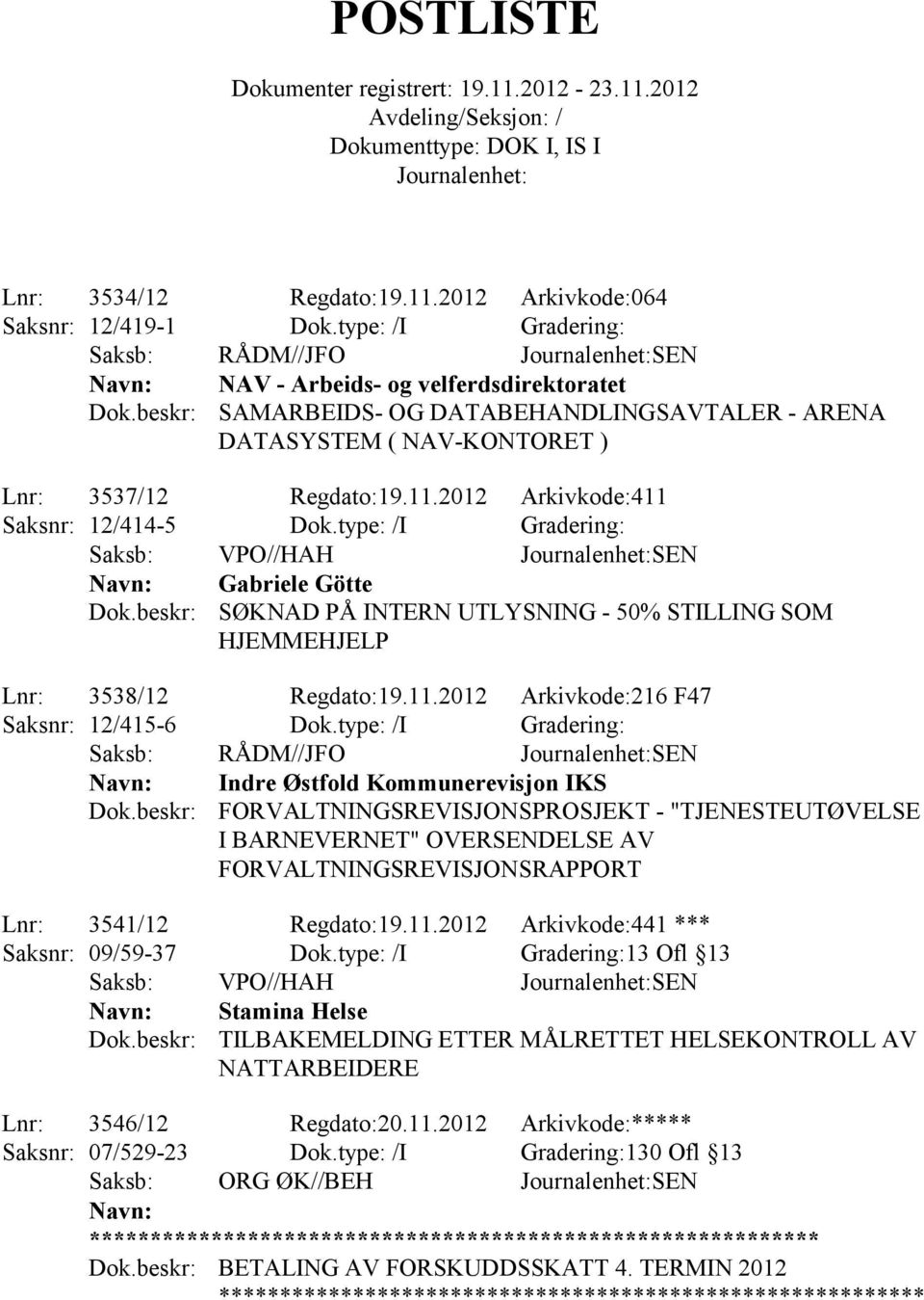 2012 Arkivkode:411 Saksnr: 12/414-5 Dok.type: /I Gradering: Gabriele Götte SØKNAD PÅ INTERN UTLYSNING - 50% STILLING SOM HJEMMEHJELP Lnr: 3538/12 Regdato:19.11.2012 Arkivkode:216 F47 Saksnr: 12/415-6 Dok.