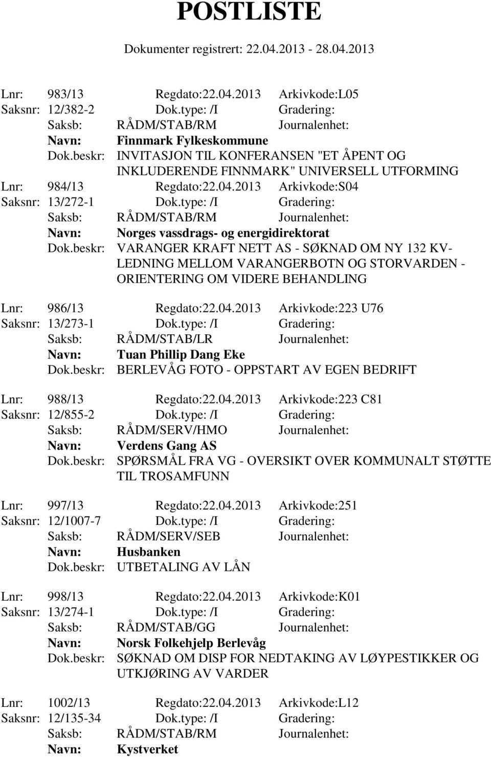 type: /I Gradering: Navn: Norges vassdrags- og energidirektorat Dok.