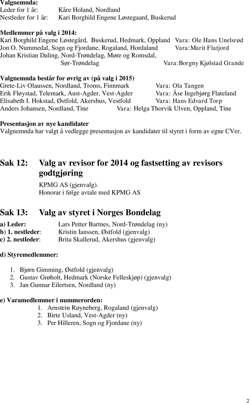 Nummedal, Sogn og Fjordane, Rogaland, Hordaland Vara:Marit Flatjord Johan Kristian Daling, Nord-Trøndelag, Møre og Romsdal, Sør-Trøndelag Vara:Borgny Kjølstad Grande Valgnemnda består for øvrig av