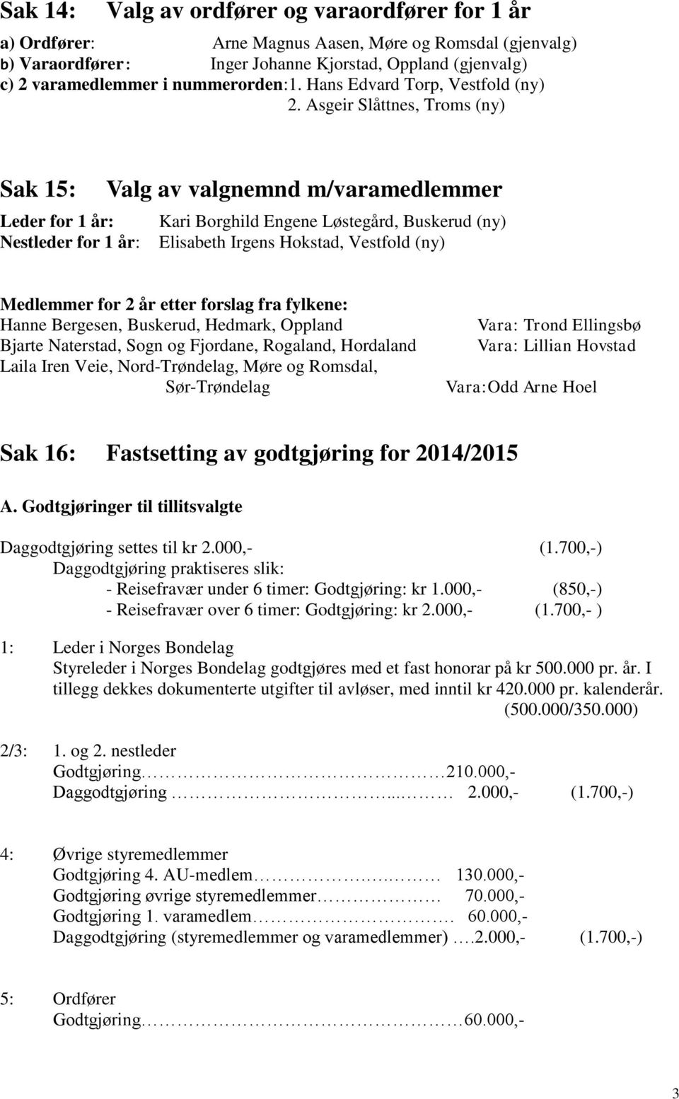 Asgeir Slåttnes, Troms (ny) Sak 15: Valg av valgnemnd m/varamedlemmer Leder for 1 år: Kari Borghild Engene Løstegård, Buskerud (ny) Nestleder for 1 år: Elisabeth Irgens Hokstad, Vestfold (ny)