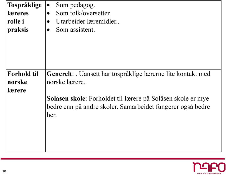 Uansett har tospråklige lærerne lite kontakt med norske lærere.