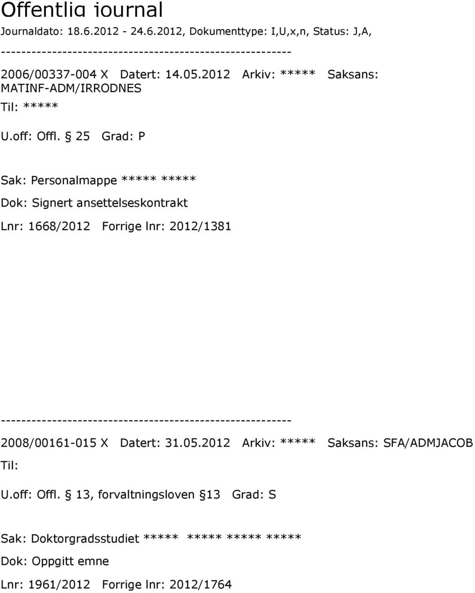 25 Grad: P Sak: Personalmappe ***** ***** Dok: Signert ansettelseskontrakt Lnr: 1668/2012 Forrige lnr: 2012/1381