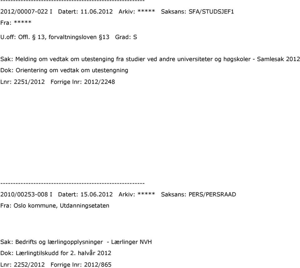 og høgskoler - Samlesak 2012 Dok: Orientering om vedtak om utestengning Lnr: 2251/2012 Forrige lnr: 2012/2248 2010/00253-008
