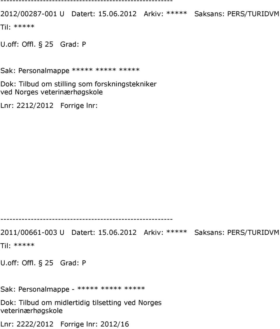 veterinærhøgskole Lnr: 2212/2012 Forrige lnr: 2011/00661-003 U Datert: 15.06.2012 Arkiv: ***** Saksans: PERS/TURIDVM U.
