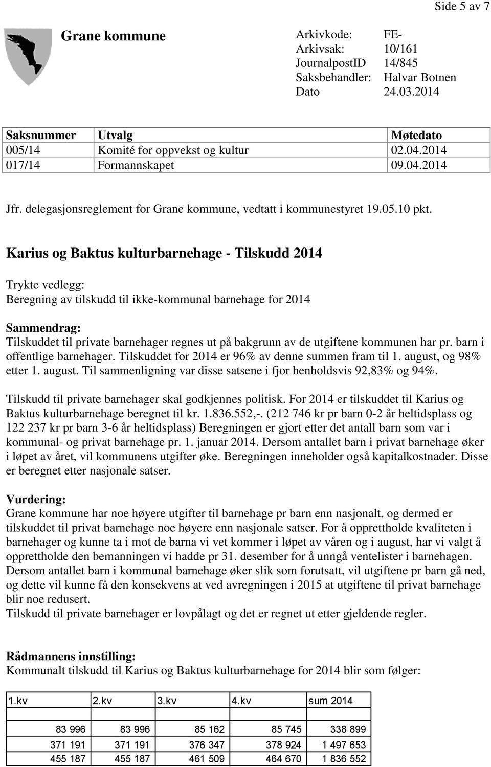 Karius og Baktus kulturbarnehage - Tilskudd 2014 Trykte vedlegg: Beregning av tilskudd til ikke-kommunal barnehage for 2014 Sammendrag: Tilskuddet til private barnehager regnes ut på bakgrunn av de