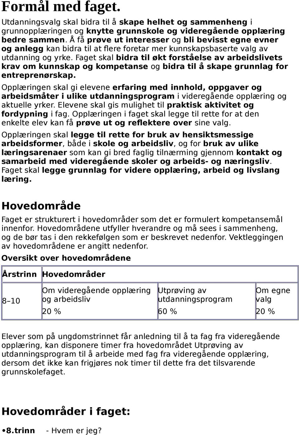 Faget skal bidra til økt forståelse av arbeidslivets krav om kunnskap og kompetanse og bidra til å skape grunnlag for entreprenørskap.