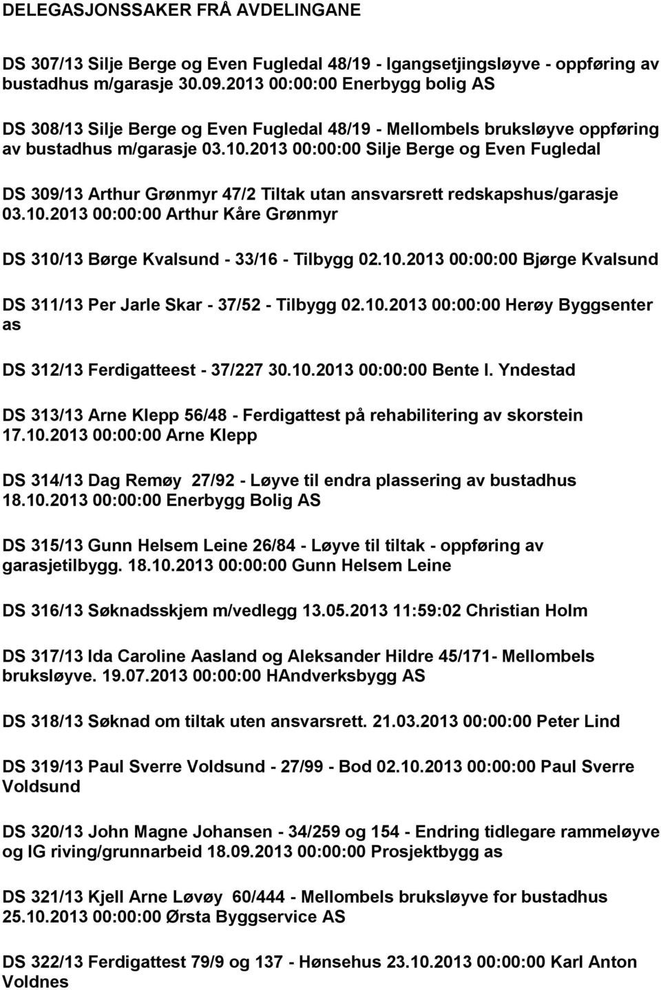 2013 00:00:00 Silje Berge og Even Fugledal DS 309/13 Arthur Grønmyr 47/2 Tiltak utan ansvarsrett redskapshus/garasje 03.10.