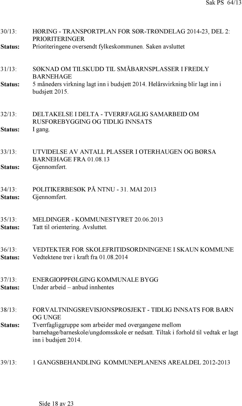 32/13: DELTAKELSE I DELTA - TVERRFAGLIG SAMARBEID OM RUSFOREBYGGING OG TIDLIG INNSATS Status: I gang. 33/13: UTVIDELSE AV ANTALL PLASSER I OTERHAUGEN OG BØRSA BARNEHAGE FRA 01.08.