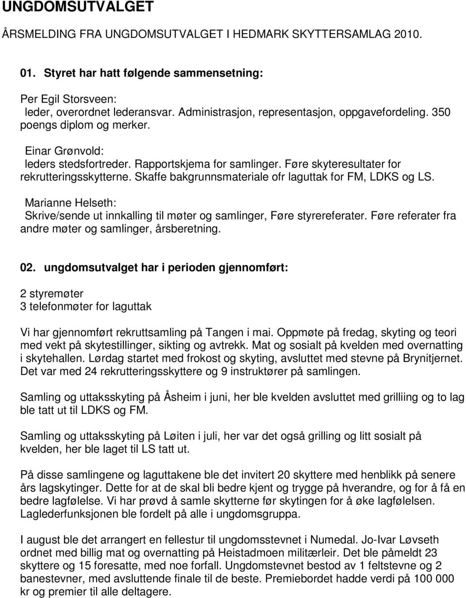 Skaffe bakgrunnsmateriale ofr laguttak for FM, LDKS og LS. Marianne Helseth: Skrive/sende ut innkalling til møter og samlinger, Føre styrereferater.