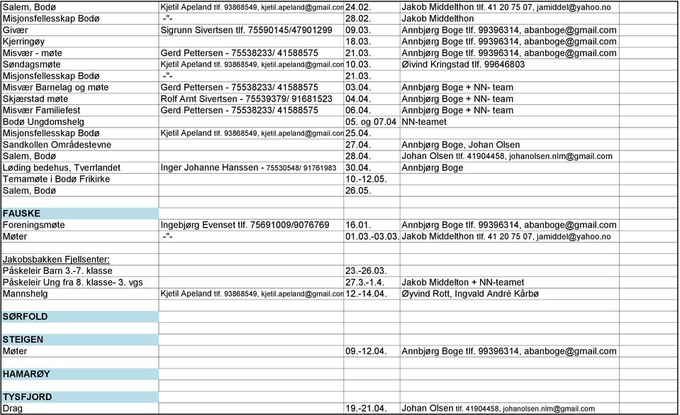 93868549, kjetil.apeland@gmail.com10.03. Øivind Kringstad tlf. 99646803 Misjonsfellesskap Bodø -"- 21.03. Misvær Barnelag og møte Gerd Pettersen - 75538233/ 41588575 03.04.