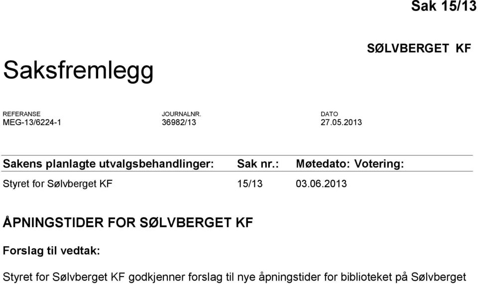 : Møtedato: Votering: Styret for Sølvberget KF 15/13 03.06.