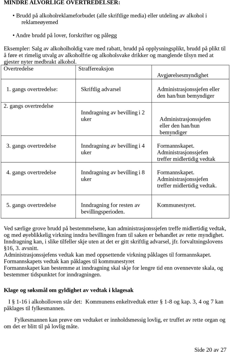 Overtredelse Straffereaksjon Avgjørelsesmyndighet 1. gangs overtredelse: Skriftlig advarsel Administrasjonssjefen eller den han/hun bemyndiger 2.