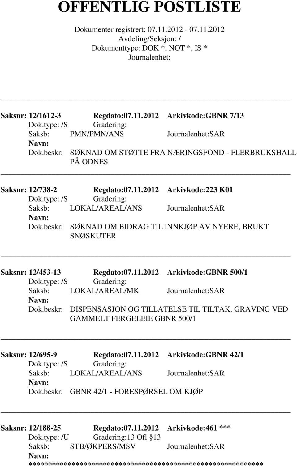 beskr: DISPENSASJON OG TILLATELSE TIL TILTAK. GRAVING VED GAMMELT FERGELEIE GBNR 500/1 Saksnr: 12/695-9 Regdato:07.11.2012 Arkivkode:GBNR 42/1 Saksb: LOKAL/AREAL/ANS SAR Dok.