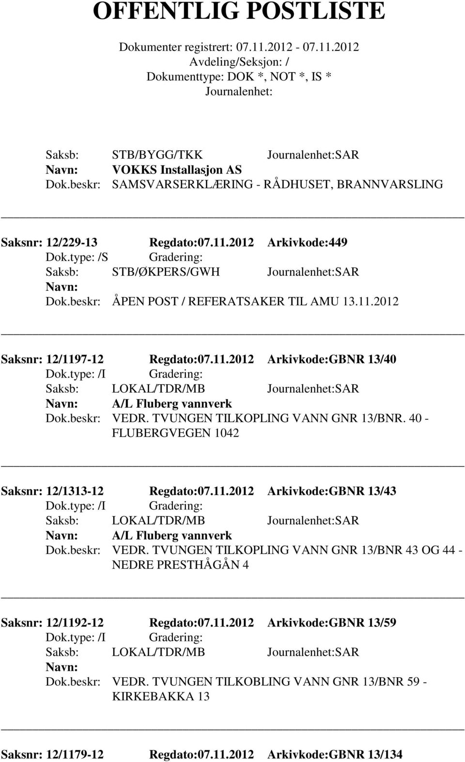 40 - FLUBERGVEGEN 1042 Saksnr: 12/1313-12 Regdato:07.11.2012 Arkivkode:GBNR 13/43 A/L Fluberg vannverk Dok.beskr: VEDR.