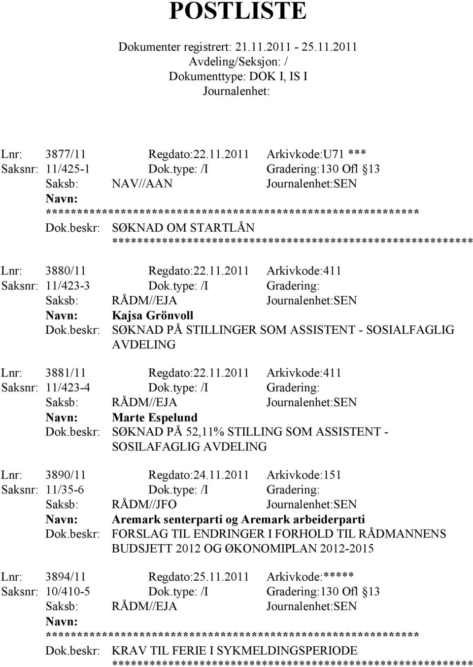 type: /I Gradering: Marte Espelund SØKNAD PÅ 52,11% STILLING SOM ASSISTENT - SOSILAFAGLIG AVDELING Lnr: 3890/11 Regdato:24.11.2011 Arkivkode:151 Saksnr: 11/35-6 Dok.