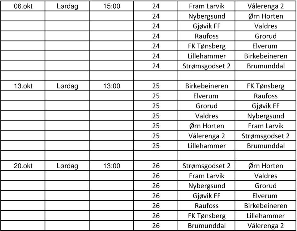 okt Lørdag 13:00 25 Birkebeineren FK Tønsberg 25 Elverum Raufoss 25 Grorud Gjøvik FF 25 Valdres Nybergsund 25 Ørn Horten Fram Larvik 25