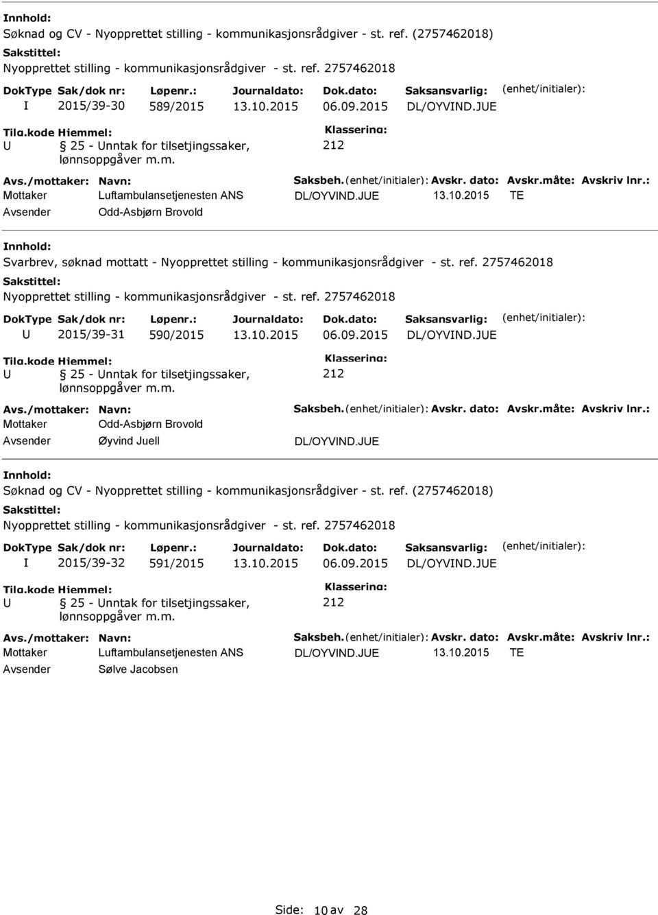 JE TE Odd-Asbjørn Brovold Svarbrev, søknad mottatt - 2015/39-31 590/2015 25 - nntak for tilsetjingssaker, DL/OYVND.JE Avs./mottaker: Navn: Saksbeh. Avskr.