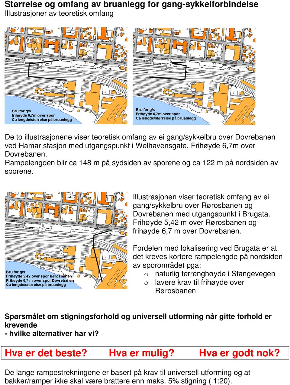 Illustrasjonen viser teoretisk omfang av ei gang/sykkelbru over Rørosbanen og Dovrebanen med utgangspunkt i Brugata. Frihøyde 5,42 m over Rørosbanen og frihøyde 6,7 m over Dovrebanen.