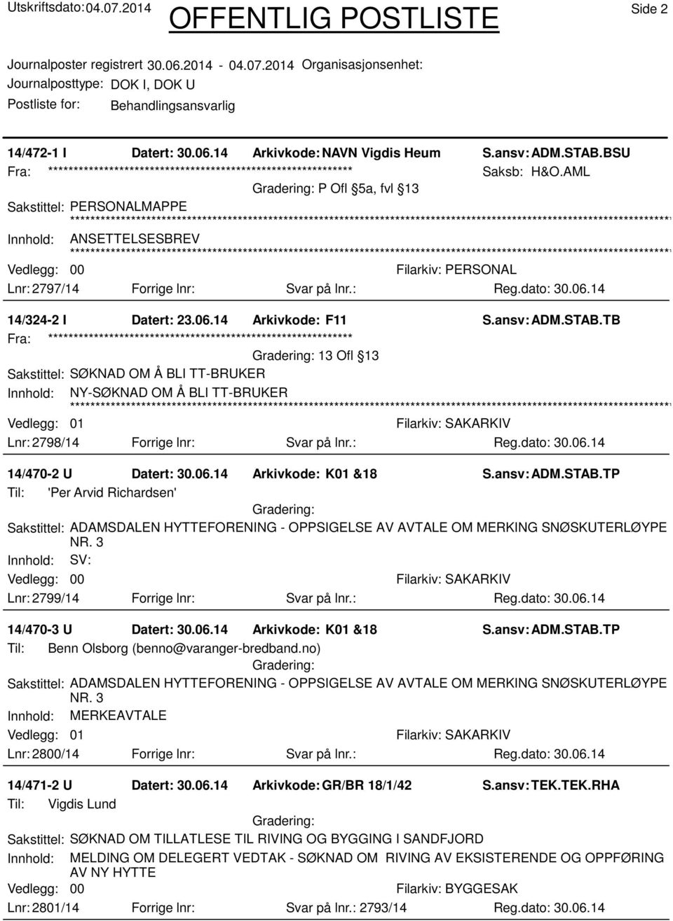 06.14 Arkivkode: K01 &18 Til: 'Per Arvid Richardsen' Sakstittel: ADAMSDALEN HYTTEFORENING - OPPSIGELSE AV AVTALE OM MERKING SNØSKUTERLØYPE NR. 3 Innhold: SV: Lnr: 2799/14 Forrige lnr: Svar på lnr.