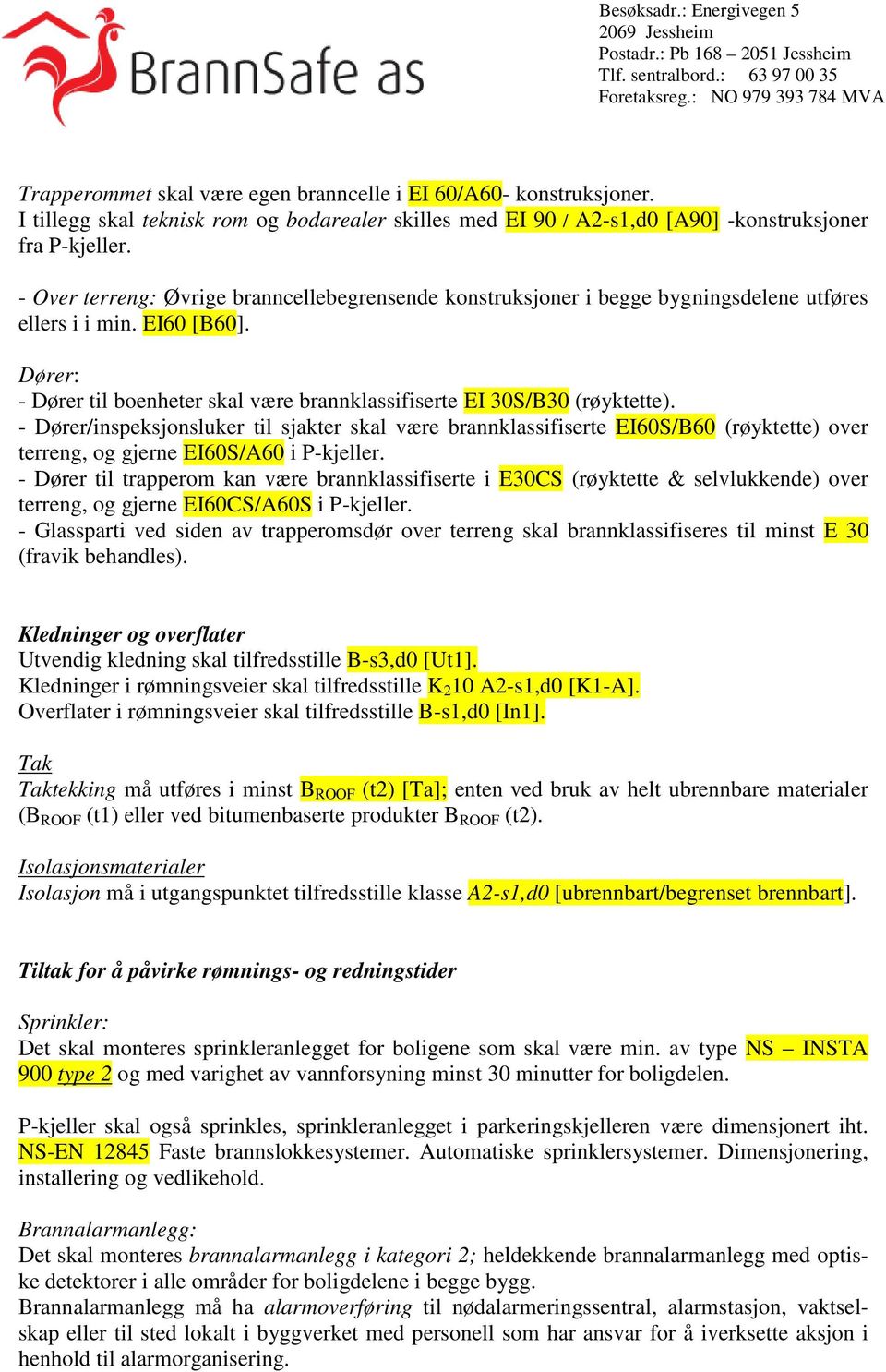 - Dører/inspeksjonsluker til sjakter skal være brannklassifiserte EI60S/B60 (røyktette) over terreng, og gjerne EI60S/A60 i P-kjeller.