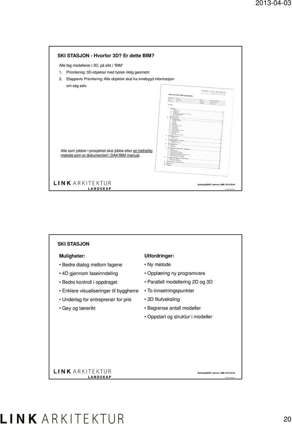 Alle som jobber i prosjektet skal jobbe etter en helhetlig metode som er dokumentert i DAK/BIM manual.