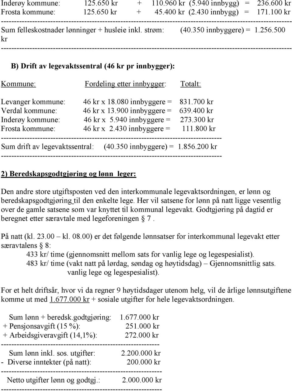 700 kr Verdal kommune: 46 kr x 13.900 innbyggere = 639.400 kr Inderøy kommune: 46 kr x 5.940 innbyggere = 273.300 kr Frosta kommune: 46 kr x 2.430 innbyggere = 111.