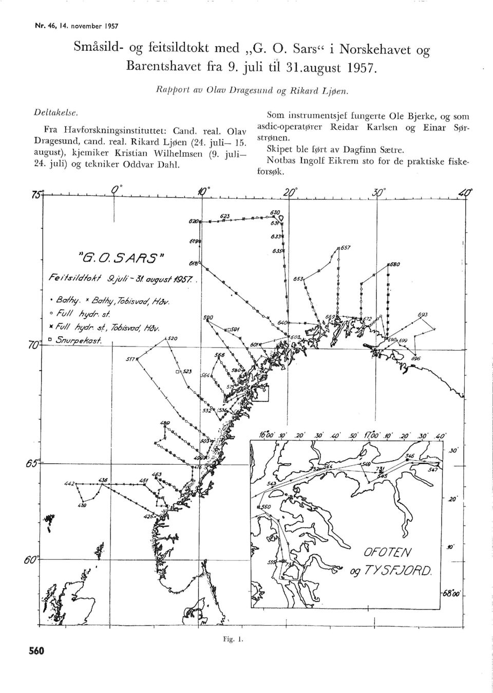 Smn instnnnentsjef fungerte Oe Bjerke, og som asdic-operatører Reidar Karsen og Einar Sørstrønen. Skipet be ført av Dagfinn Sætre. Notbas Ingof Eikrern sto for de praktiske fiskeforsøk.