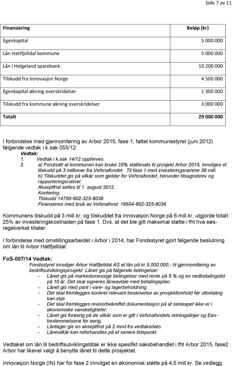 i k.sak 055/12: Vedtak: 1. Vedtak i k.sak 14/12 oppheves. 2. a) Forutsatt at kommunen kan bruke 25% støttesats til prosjekt Arbor 2015, innvilges et tilskudd på 3 millioner fra Vefsnafondet.