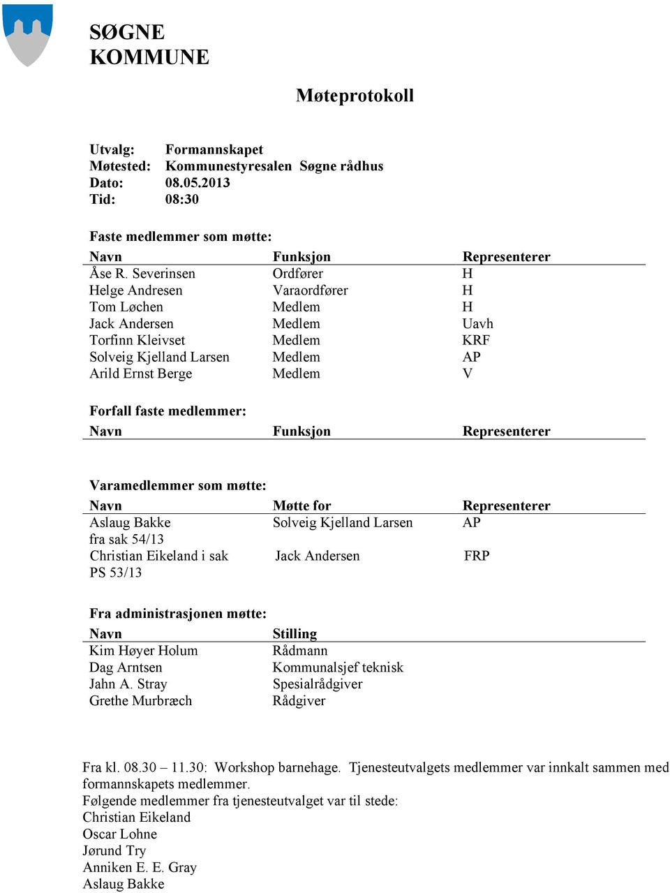 faste medlemmer: Navn Funksjon Representerer Varamedlemmer som møtte: Navn Møtte for Representerer Aslaug Bakke Solveig Kjelland Larsen AP fra sak 54/13 Christian Eikeland i sak Jack Andersen FRP PS