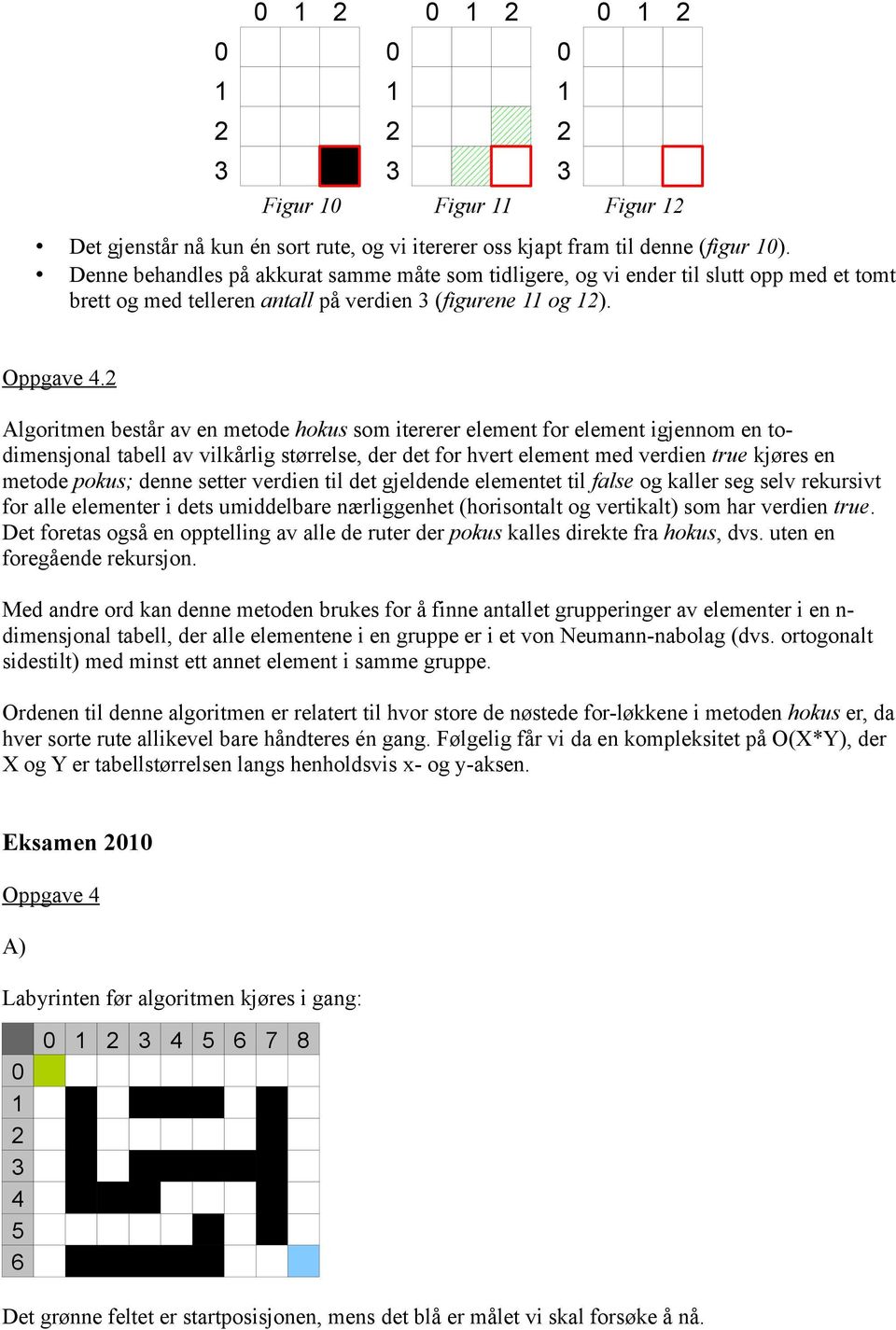 Algoritmen består av en metode hokus som itererer element for element igjennom en todimensjonal tabell av vilkårlig størrelse, der det for hvert element med verdien true kjøres en metode pokus; denne