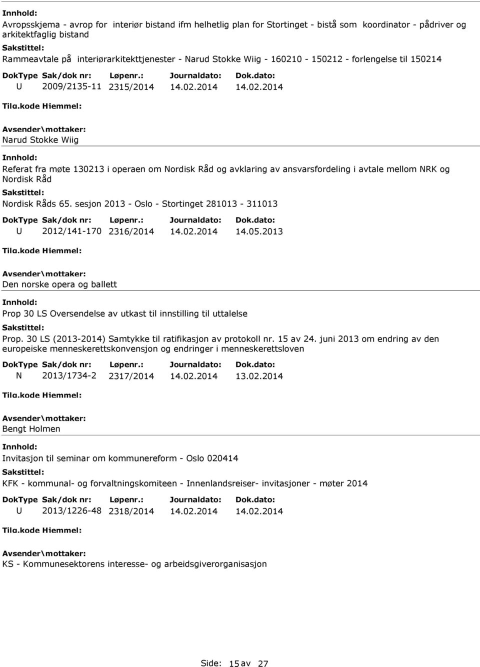 Nordisk Råds 65. sesjon 2013 - Oslo - Stortinget 281013-311013 2012/141-170 2316/2014 14.05.2013 Den norske opera og ballett Prop 30 LS Oversendelse av utkast til innstilling til uttalelse Prop.