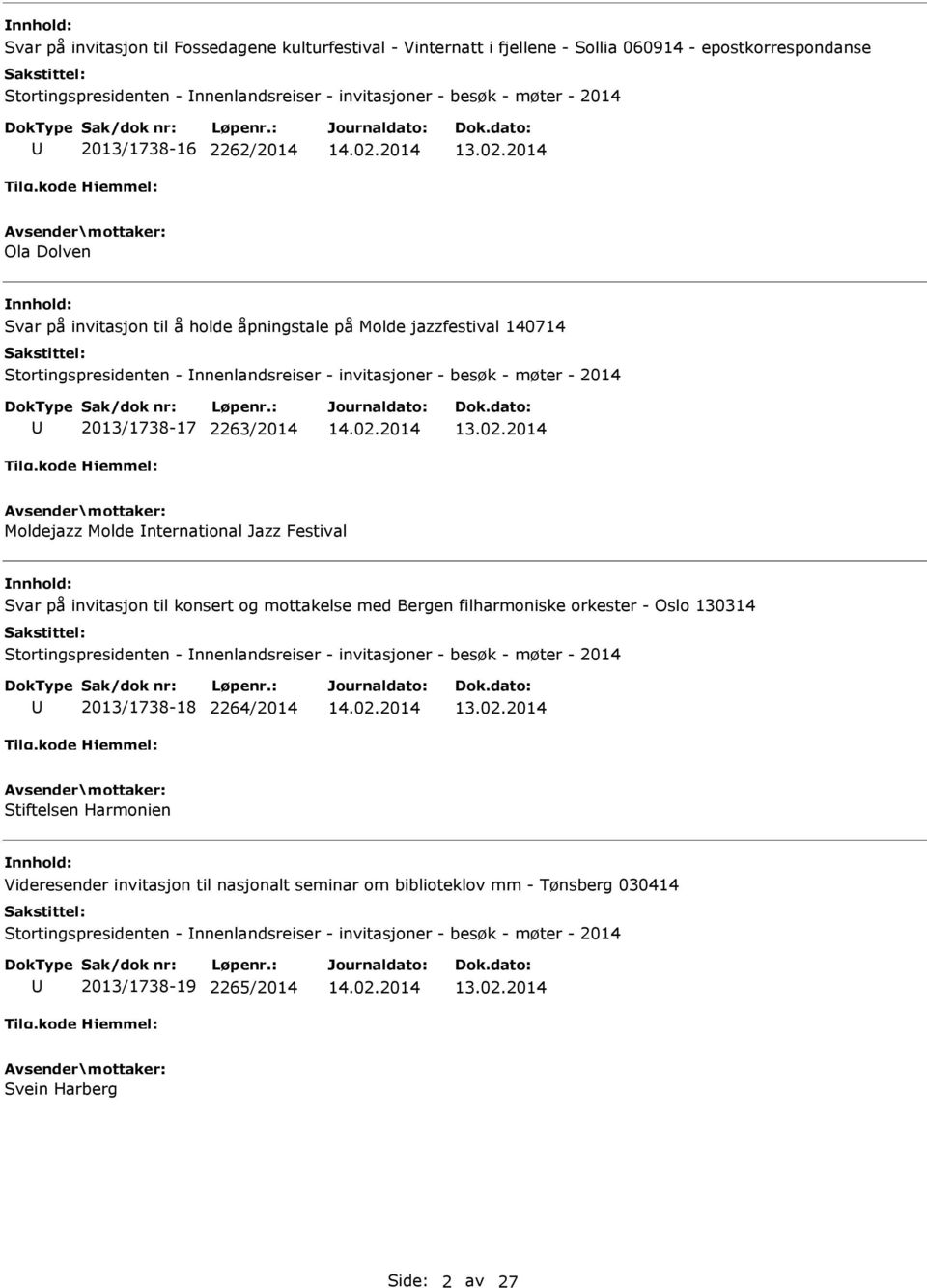 2263/2014 Moldejazz Molde nternational Jazz Festival Svar på invitasjon til konsert og mottakelse med Bergen filharmoniske orkester - Oslo 130314 Stortingspresidenten - nnenlandsreiser - invitasjoner