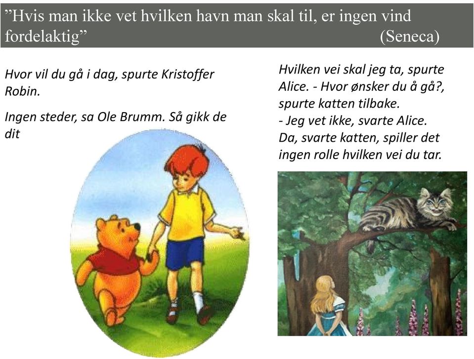 Ingen steder, sa Ole Brumm. Så gikk de dit Hvilken vei skal jeg ta, spurte Alice.