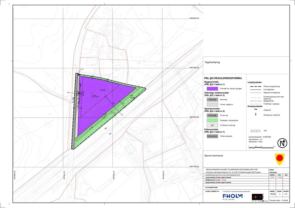 ledd nr 7) Felles avkjørsel Parkbelte i industristrøk Frisiktsone ved veg Felles avkjørsel LinjeSymboler Punktsymboler Koordinatsystem : EUREF89 Ekvidistanse : 1m Målestokk 1:1000 Planens begrensning