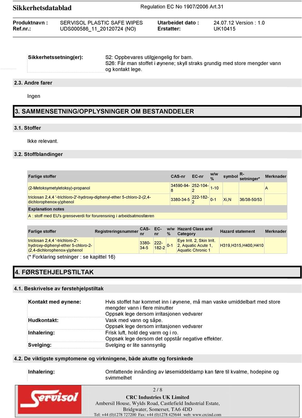 Stoffblandinger Farlige stoffer CAS-nr EC-nr (2-Metoksymetyletoksy)-propanol triclosan 2,4,4 '-trichloro-2'-hydroxy-diphenyl-ether 5-chloro-2-(2,4- dichlorophenox-y)phenol Explanation notes A : stoff