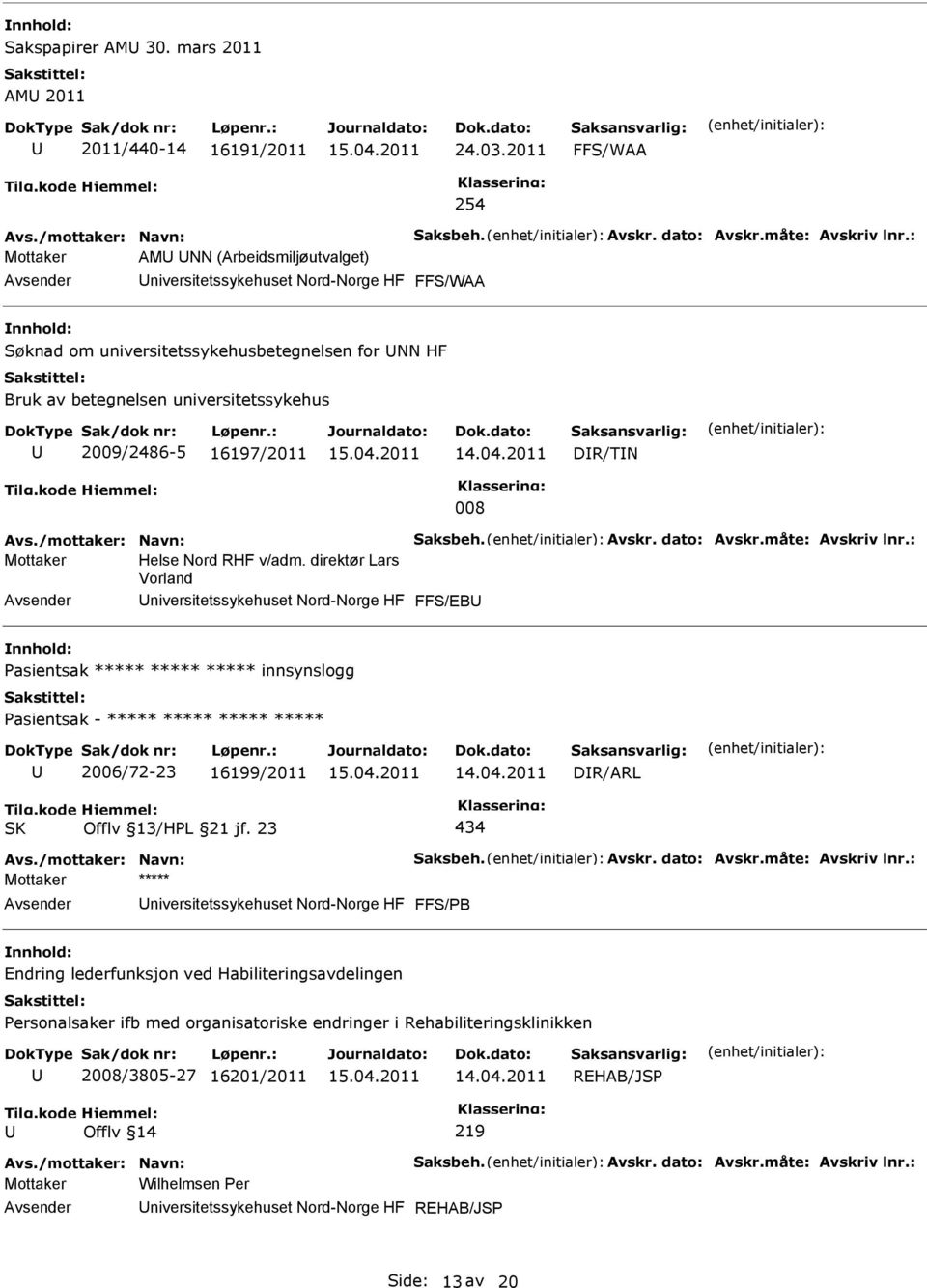 DR/TN 008 Avs./mottaker: Navn: Saksbeh. Avskr. dato: Avskr.måte: Avskriv lnr.: Mottaker Helse Nord RHF v/adm.