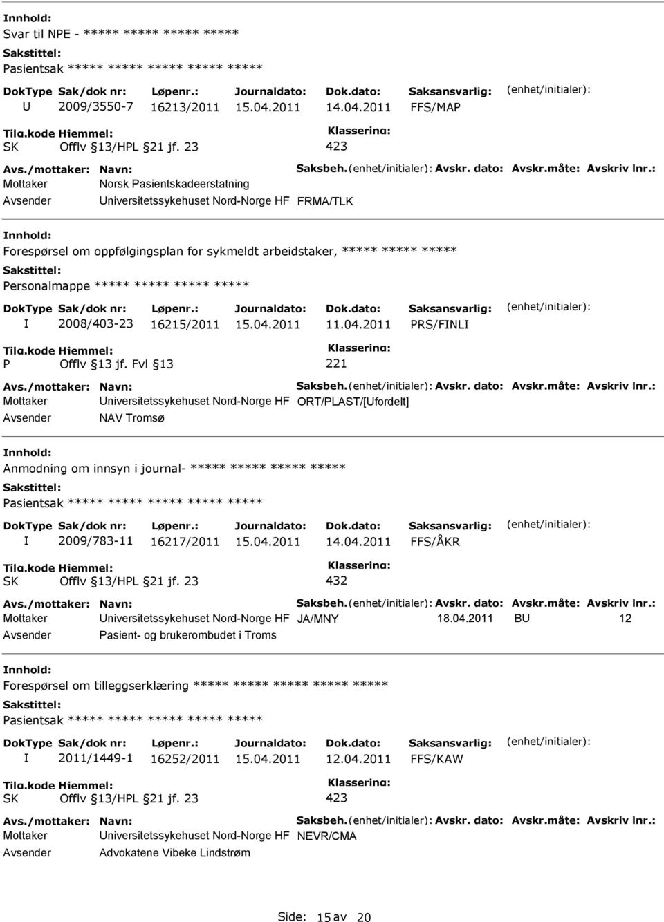 : Mottaker Norsk asientskadeerstatning niversitetssykehuset Nord-Norge HF FRMA/TLK Forespørsel om oppfølgingsplan for sykmeldt arbeidstaker, ***** ***** ***** ersonalmappe ***** ***** ***** *****