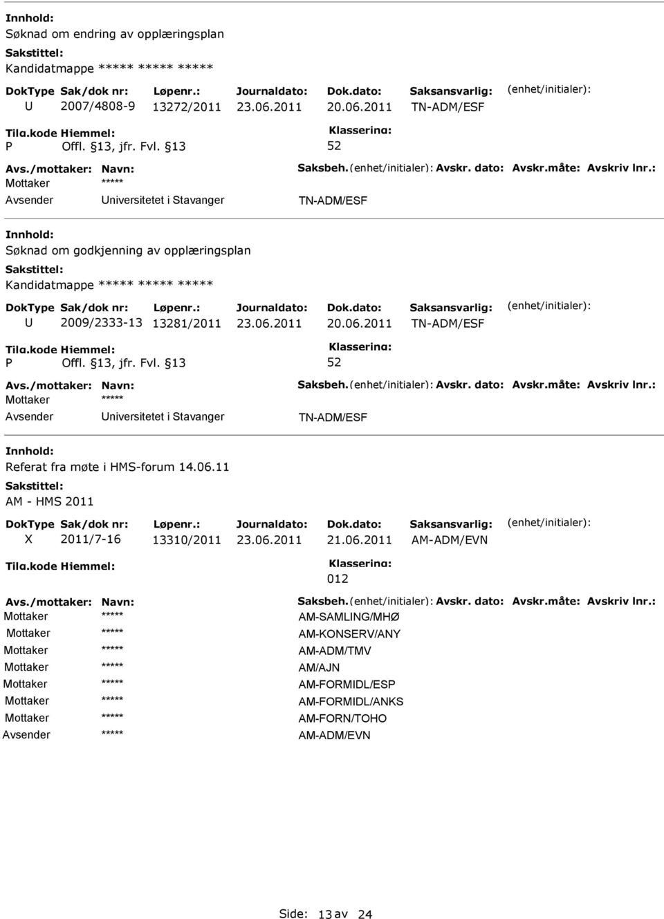 TN-ADM/EF P niversitetet i tavanger TN-ADM/EF Referat fra møte i HM-forum 14.06.11 AM - HM 2011 X 2011/7-16 13310/2011 21.